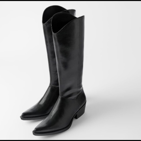 Zara Shoes - New Zara Soft Leather Cowboy Heel Boots Black